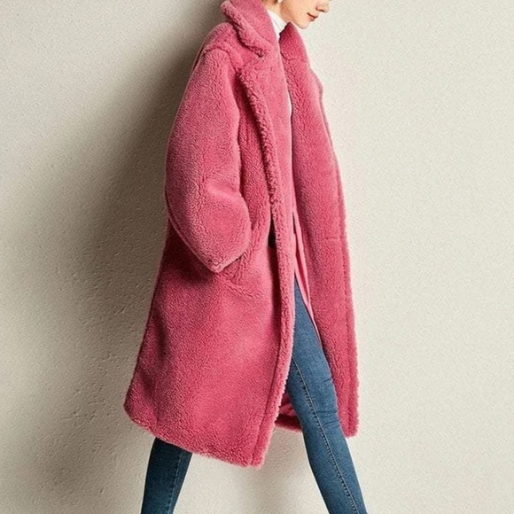 🆕AVEC LES FILLES WARM RICH FUSCIA HOT PINK BONDED FAUX FUR TRENCH TEDDY COAT - Picture 16 of 16